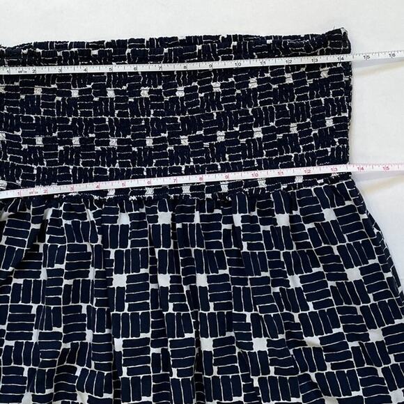 GAP Navy & White Geometric Block Print Smocked Bandeau Strapless Maxi Dress L - Picture 9 of 11
